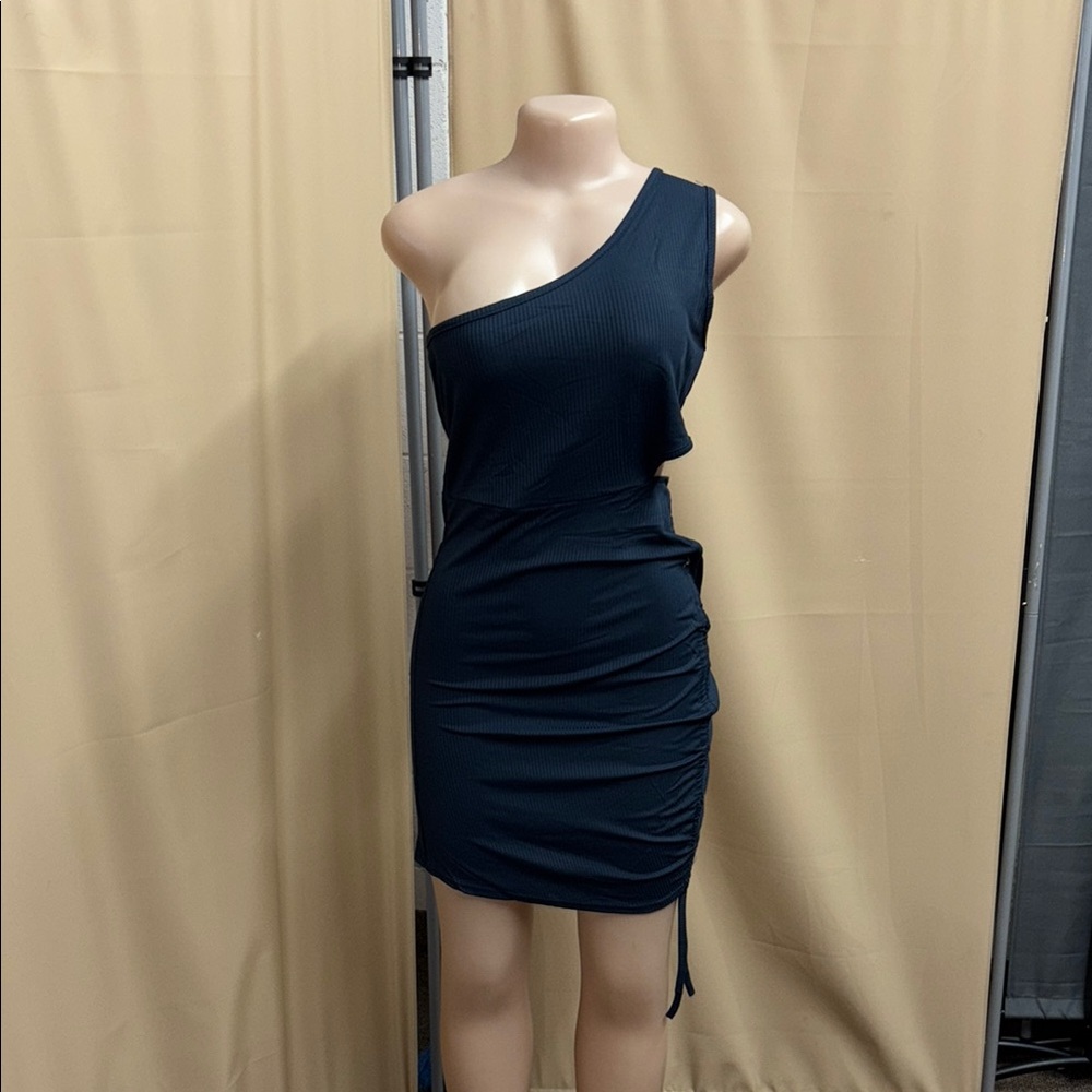 Blue Asymmetrical Ruched One-Shoulder Dress